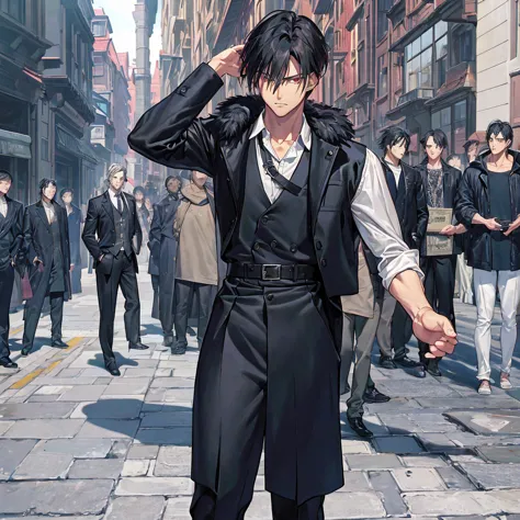 1 male, levi ackerman character, whole body, Handsome boy, Body length 180, 20 years, (short black hair, Street hairstyle) , ((R...