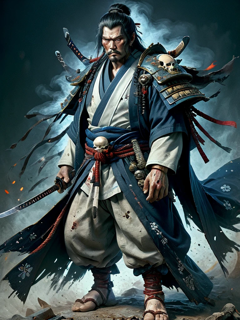 digital painting, 32k, 8K, high-resolution, 1man, mature Japanese man, samurai warrior, heavy armor, ((very intricate)), blue and white kimono with beautiful patern, shaded eyes that gaze, loose hair, belt, ((long braided hair)), blood stains, ((hood)), torn cape, muscular body, surrounded by skulls, muscular legs, walking towards viewer, dirty face, scar, flying ash, katanas, linesindescribable,mysterious smoky fields on fire at the beginning of reality, dynamic pose.