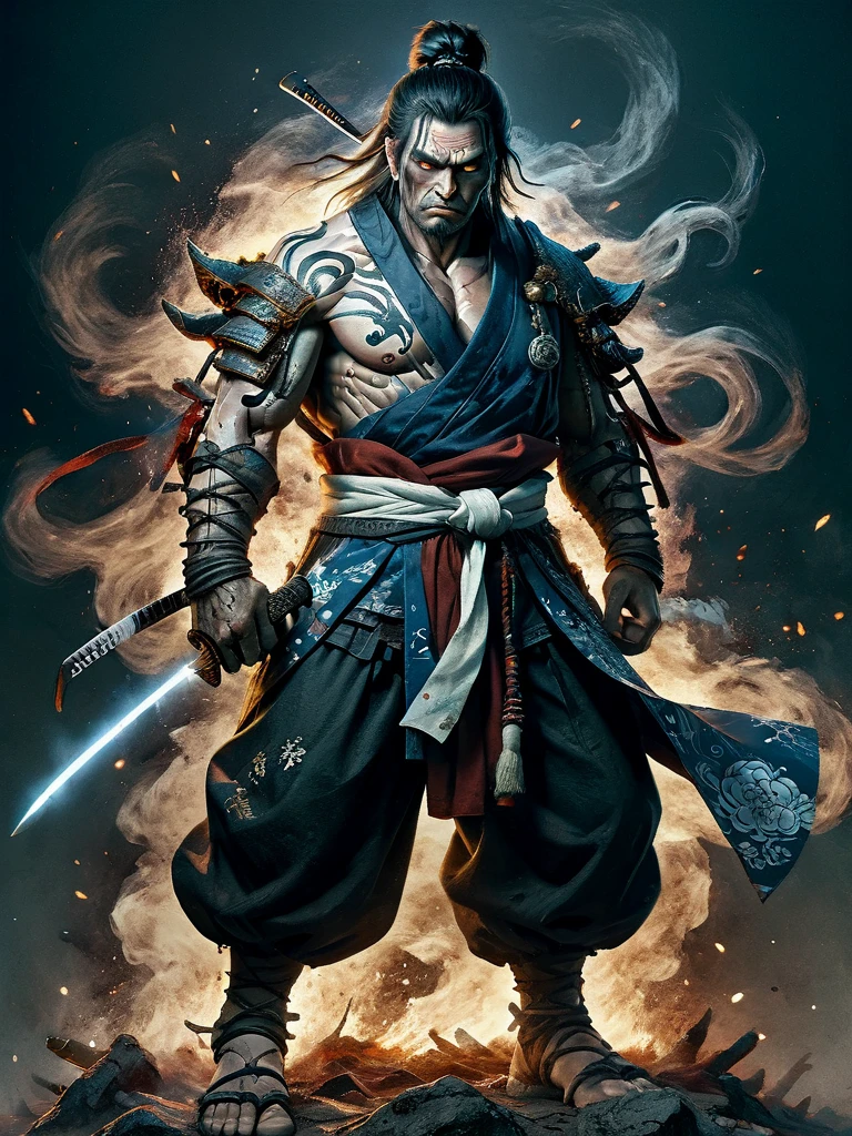 digital painting, 32k, 8K, high-resolution, 1man, mature Japanese man, samurai warrior, heavy armor, ((very intricate)), blue and white kimono with beautiful patern, shaded eyes that gaze, loose hair, belt, ((long braided hair)), blood stains, ((hood)), torn cape, muscular body, surrounded by skulls, muscular legs, walking towards viewer, dirty face, scar, flying ash, katanas, linesindescribable,mysterious smoky fields on fire at the beginning of reality, dynamic pose.