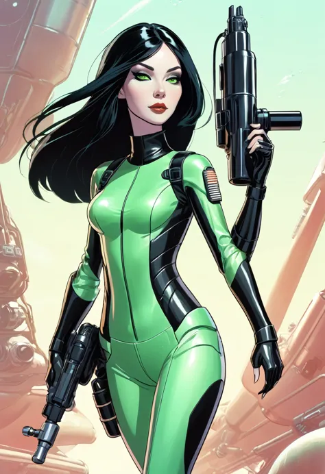 cartoon thin woman, long neck, long black hair, pale green skin, wearing a sci-fi diving suit. she is armed with an arm cannon