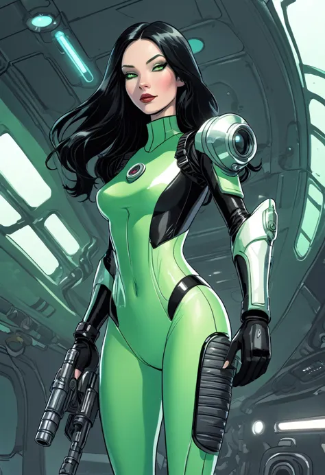 cartoon thin woman, long neck, long black hair, pale green skin, wearing a sci-fi diving suit. she is armed with an arm cannon