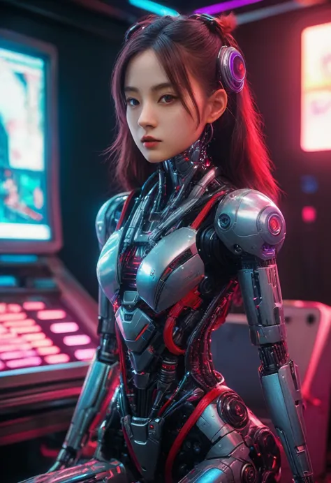 xxmixgirl. Highly detailed professional 35mm film, bokeh, face in sharp focus. A robotic female, Miku, with ((metal skin)), ((pe...