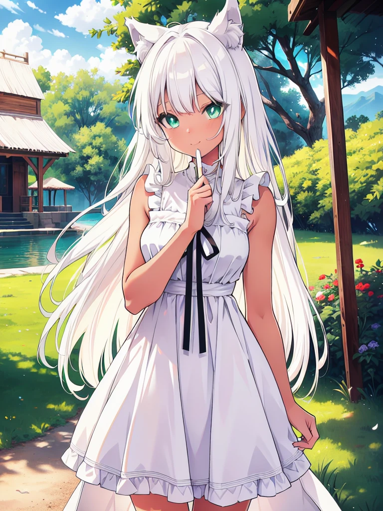 (cowboy shot), (ultra-high resolution, depth of field:1.2), (tan skin:1.2), 1woman, wolf ears, wolf tail, green eyes, gentle smile, white hair, long straight hair, medium breasts, (white sundress:1.3), park scenery