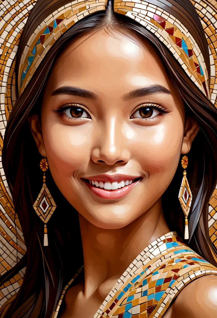 Digital 3d geometric mosaic art,Thai girl face,sweet smile,abstract,Professional painting,Complex layout,exquisitely