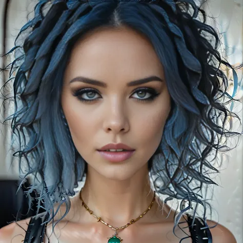 a close-up of a woman with blue hair and a necklace, a digital painting, inspired by hedi xandt, trends bei cg society, digital ...