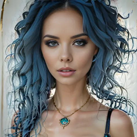 a close-up of a woman with blue hair and a necklace, a digital painting, inspired by hedi xandt, trends bei cg society, digital ...