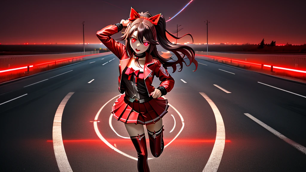 masterpiece, best quality,, maruzensky (umamusume),, red thighhighs, red jacket, pleated skirt, red skirt, long sleeves, choker, red shirt, open jacket, white bow, open clothes, high heel boots, asphalt road, running, eye trails, night sky, neon, from above,, 