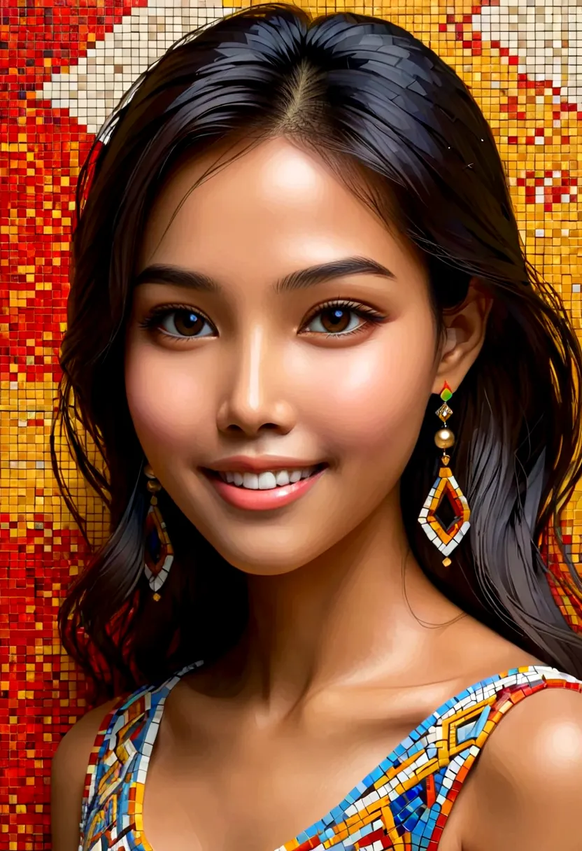 Digital 3d geometric mosaic art,Thai girl face,sweet smile,abstract,Professional painting,Complex layout,exquisitely