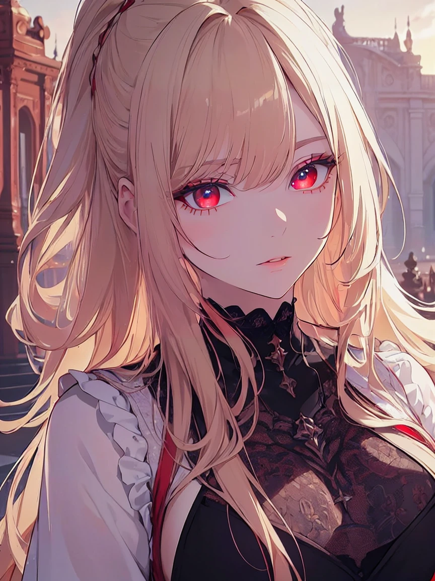 (Uhd, Masterpiece, Textured Skin, Super Detail, High Details, High Quality, Best Quality), ((long, lush hair)), ((elegant outfit)), impressive pose, ((red eyes)), ((detailed red eyes)), ((The background is in front of a royal palace)), ((light blonde hair, with pink spots at the ends of her hair), Attractive make-up, scenery, High definition, retina, work of art, precise, anatomical, scientifically correct, Textured skin, super detail, highly detailed, high quality, award-winning, maximum quality, high definition, 1080P, high definition, 4k, 8k, 16k