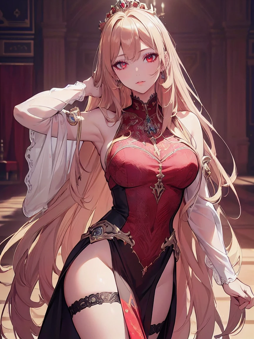 (Uhd, Masterpiece, Textured Skin, Super Detail, High Details, High Quality, Best Quality), ((long, lush hair)), ((elegant outfit)), impressive pose, ((red eyes)), ((detailed red eyes)), ((The background is in front of a royal palace)), ((light blonde hair, with pink spots at the ends of her hair), Attractive make-up, scenery, High definition, retina, work of art, precise, anatomical, scientifically correct, Textured skin, super detail, highly detailed, high quality, award-winning, maximum quality, high definition, 1080P, high definition, 4k, 8k, 16k