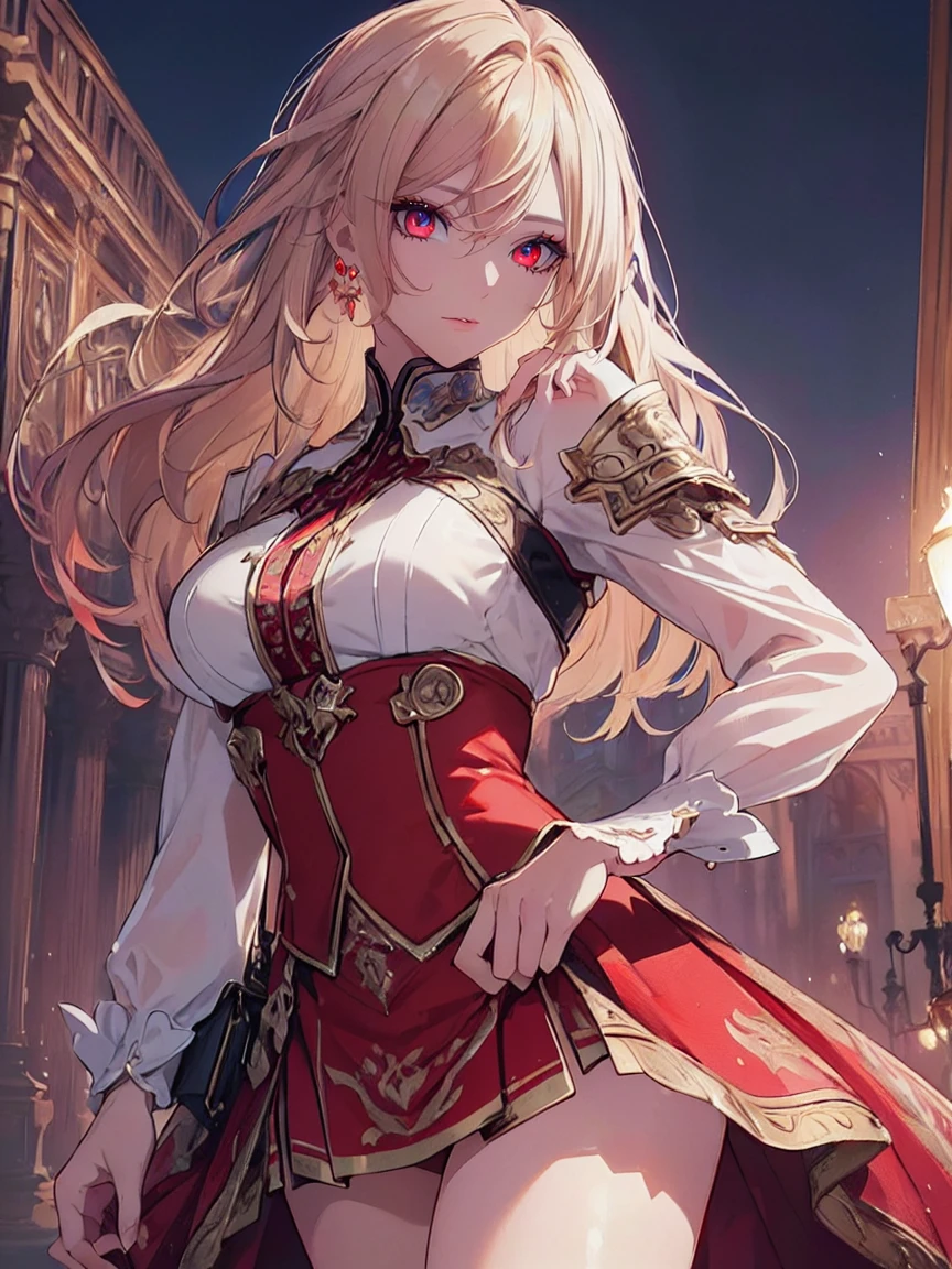 (Uhd, Masterpiece, Textured Skin, Super Detail, High Details, High Quality, Best Quality), ((long, lush hair)), ((elegant outfit)), impressive pose, ((red eyes)), ((detailed red eyes)), ((The background is in front of a royal palace)), ((light blonde hair, with pink spots at the ends of her hair), Attractive make-up, scenery, High definition, retina, work of art, precise, anatomical, scientifically correct, Textured skin, super detail, highly detailed, high quality, award-winning, maximum quality, high definition, 1080P, high definition, 4k, 8k, 16k