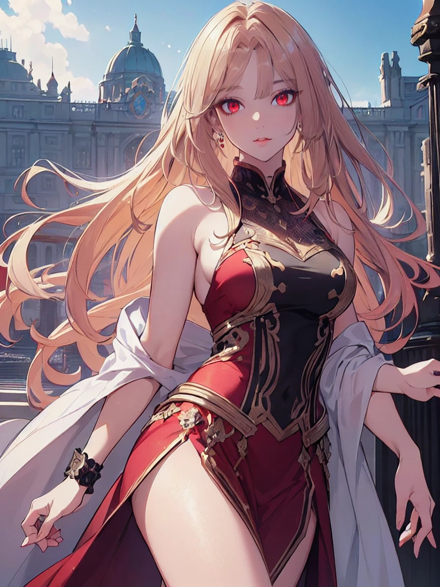 (Uhd, Masterpiece, Textured Skin, Super Detail, High Details, High Quality, Best Quality), ((long, lush hair)), ((elegant outfit)), impressive pose, ((red eyes)), ((detailed red eyes)), ((The background is in front of a royal palace)), ((light blonde hair, with pink spots at the ends of her hair), Attractive make-up, scenery, High definition, retina, work of art, precise, anatomical, scientifically correct, Textured skin, super detail, highly detailed, high quality, award-winning, maximum quality, high definition, 1080P, high definition, 4k, 8k, 16k