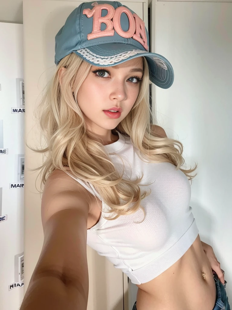 Blonde woman with long hair wearing baseball cap and jeans., modelo de Instagram | germen de arte, con sombrero, in the style germen de arte, chica perfecta de pelo blanco, like germen de arte, al estilo de ross tran, hermosa chica modelo, modelo de instagram, diosa rubia, estilo ross tran, hermosa chica modelo, 2 4 year old female model, Hyper realistic 