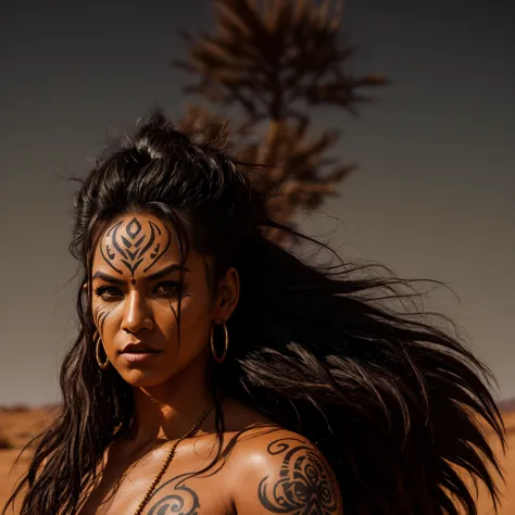long dark saiyan hair, tribal maui female with alien face tattoos, face lip nose piercings, alien dry brown dusty desert, realis...