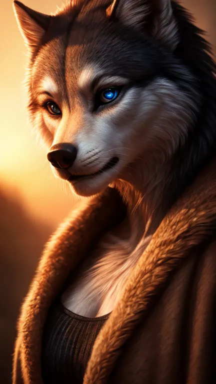 female artic wolf, freckles, bipedal, large chest, wearing black sweater, jeans, beautiful detailed eyes, beautiful detailed lip...