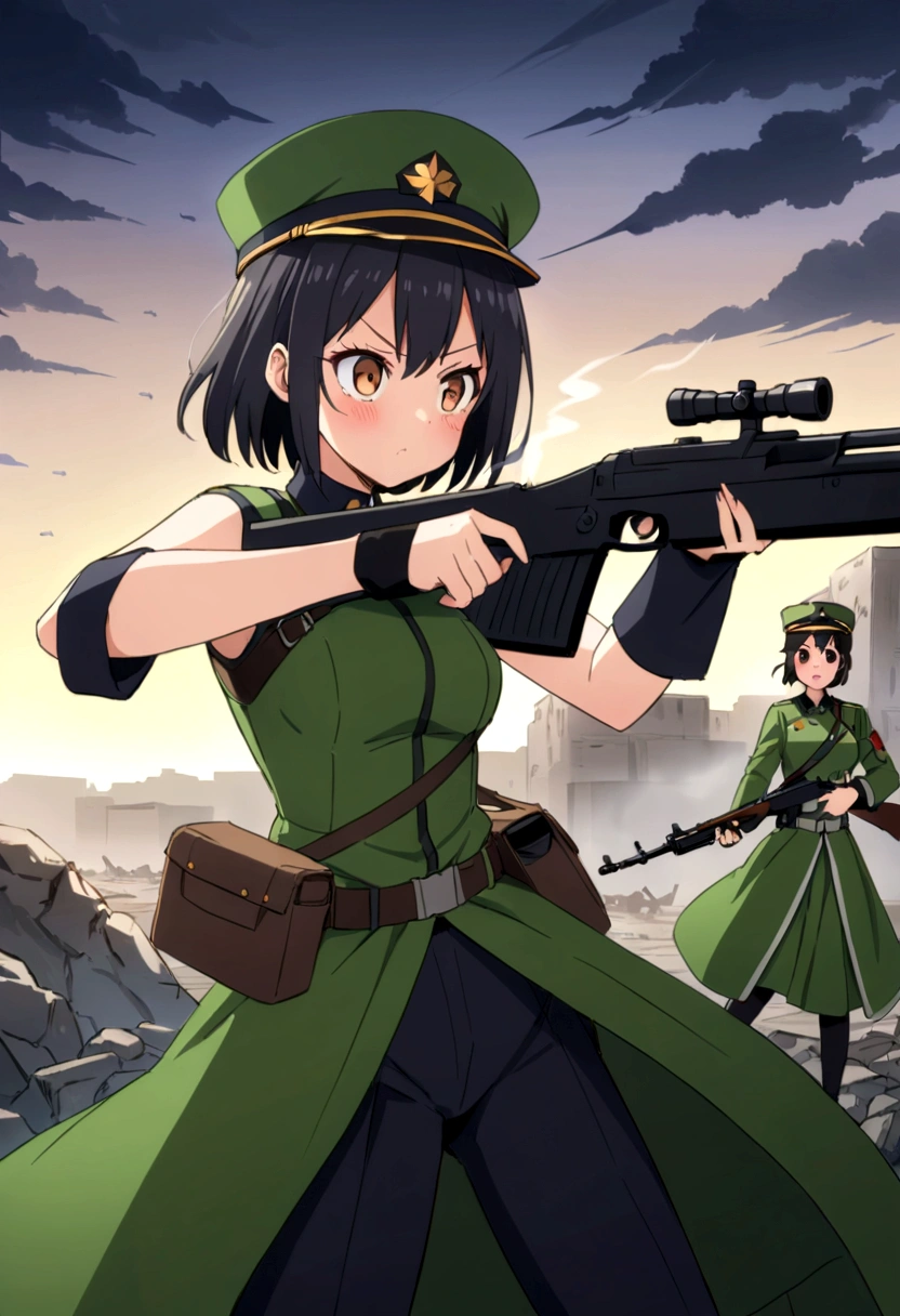 A tank turret-like installation、Highest quality、high resolution、Detailed Description、Detailed Background、Accurate depiction、tank、Tank Girl、Personification、Tank Personification、アニメスタイル、アニメ、girl、uniform、battle suit、military cap、battlefield、rubble、Black cigarette、cigarette、Hold the rifle、Black Short Hair、Sharp Eye、cute、night、battle