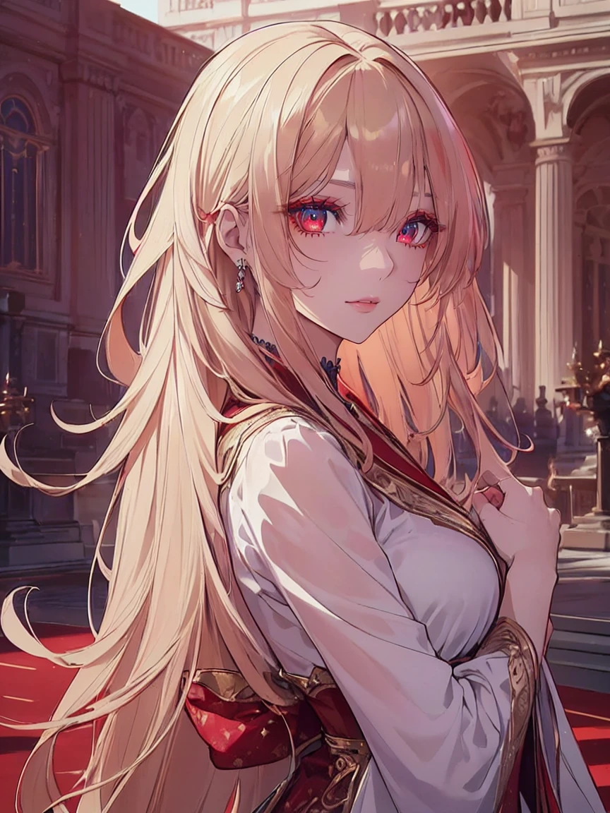 (Uhd, Masterpiece, Textured Skin, Super Detail, High Details, High Quality, Best Quality), ((long, lush hair)), ((elegant outfit)), impressive pose, ((red eyes)), ((detailed red eyes)), ((The background is in front of a royal palace)), ((light blonde hair, with pink spots at the ends of her hair), Attractive make-up, scenery, High definition, retina, work of art, precise, anatomical, scientifically correct, Textured skin, super detail, highly detailed, high quality, award-winning, maximum quality, high definition, 1080P, high definition, 4k, 8k, 16k