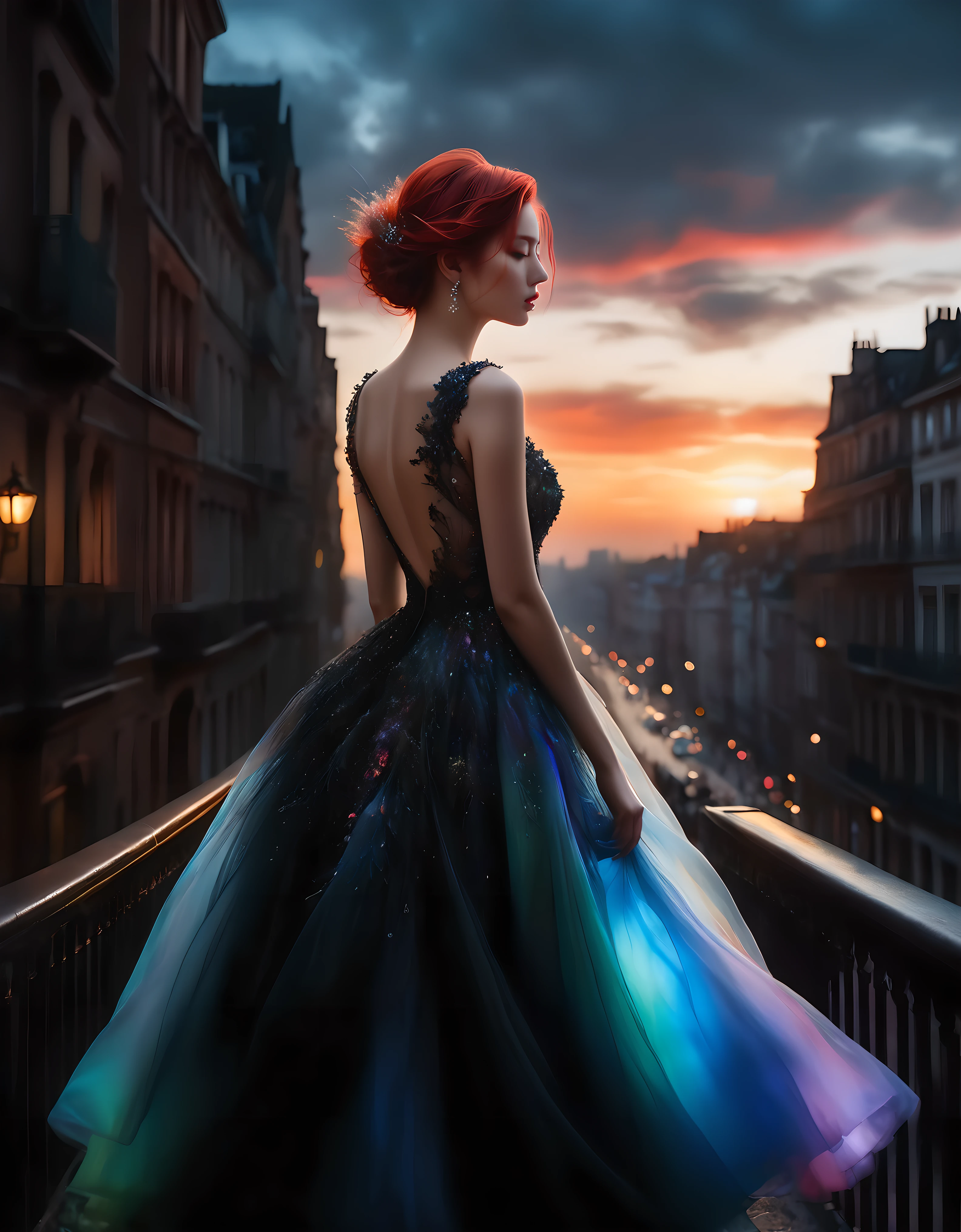 ((Masterpiece in maximum 16K resolution):1.6),((soft_color_photograpy:)1.5), ((Ultra-Detailed):1.4),((Movie-like still images and dynamic angles):1.3) | ((double contact):1.3), ((Romantic Supermodel beauty with evening dress silhoutte effect):1.2), ((Superimposed on Red head Pretty Female):1.1), ((Dark City Sky):1.3), Agnes Cecile, Jeremy Mann, Oil and ink on canvas, fine dark art, super dramatic light, photoillustration, amazing depth, the ultra-detailed, iridescent black, superfluous dreams, intricately details, amazing depth, Amazing atmosphere, Mesmerizing whimsical vibrant landscapes, ((Majestic Evening Dress):1.2), Maximalism ((beautiful outside, Ugly inside, pressure and pain, beauty and despair, hard and soft, positive and negative, hot and cold, Sweet and sour, Vibrant but boring, Perfect harmony, light and shadows, old and young, Black and white, Corresponding color, loud and quiet, Chaos and peace, life and death):1.2) The complex masterpiece of a real-time engineering leader. | Rendered in ultra-high definition with UHD and retina quality, this masterpiece ensures anatomical correctness and textured skin with super detail. With a focus on high quality and accuracy, this award-winning portrayal captures every nuance in stunning 16k resolution, immersing viewers in its lifelike depiction. | ((perfect_composition, perfect_design, perfect_layout, perfect_detail, ultra_detailed)), ((enhance_all, fix_everything)), More Detail, Enhance.
