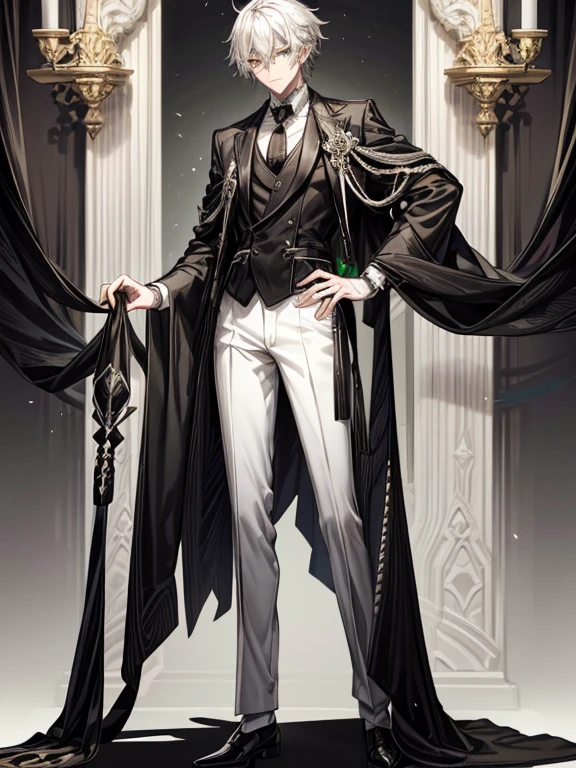 Tall male with Black and white hair, standing in black/white fantasy suit, semi realism, green eyes