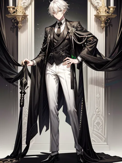 tall male with black and white hair, standing in black/white fantasy suit, semi realism, green eyes