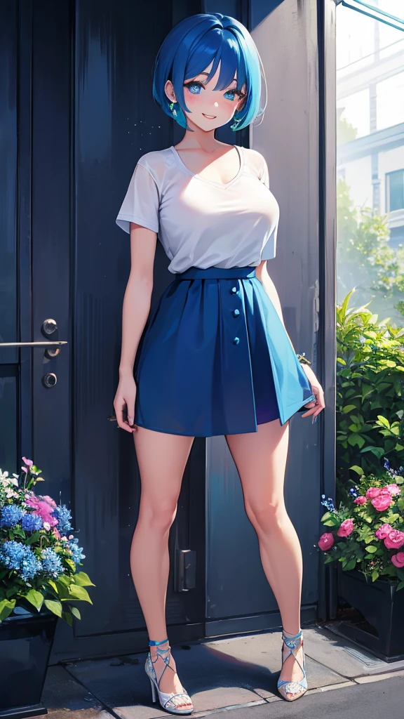 Girl, blue hair, blue eyes, short hair, flowers earrings, freckles, big boobs , transparent white t shirt, mini blue skirt, white high heels, standing, hands on back, smiling