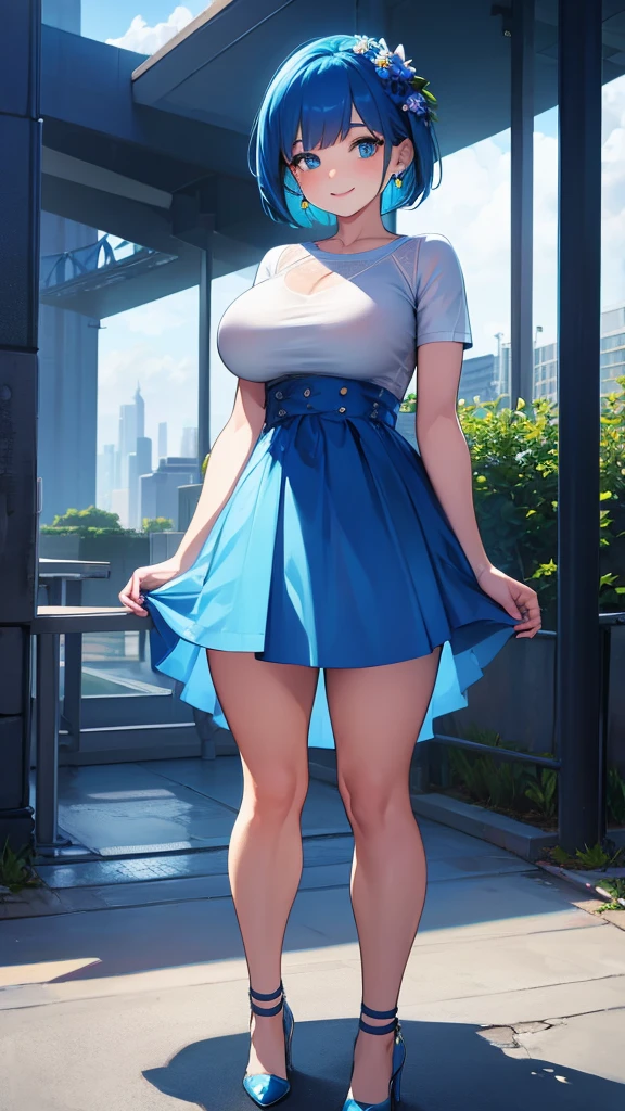 Girl, blue hair, blue eyes, short hair, flowers earrings, freckles, big boobs , transparent white t shirt, mini blue skirt, white high heels, standing, hands on back, smiling