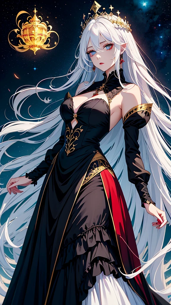 (beautfull woman), (white  hair), (golden crown), (Eyes red), (A vampire), (black velvet dress), (series), (super verbose), (high qualiy), (flat hair), (Starry sky).