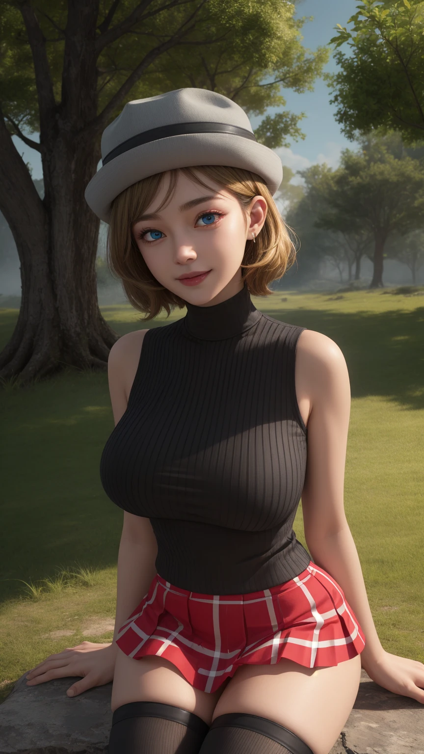 Nsfw, pkmnserena, 1girl, full body, solo, mature girl, blue eyes, blonde hair, short hair, bangs, hat, grey headwear,
black shirt, turtleneck, sleeveless, big breast, visible nipples, burst, thick thigh, red skirt, pleated skirt, black thighhighs,
smile,closed mouth,cowboy shot,sitting,
forest,outdoor,
(insanely detailed, beautiful detailed face, masterpiece, best quality) cinematic lighting,