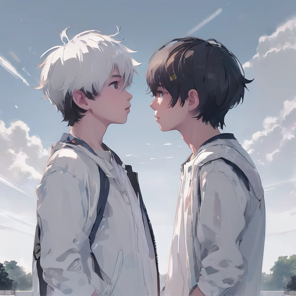 Create the image of two friends ( boys ) standing looking at each other from a distance, white sky, white floor, neblina no ar, make their faces and clothes very detailed, serene looks