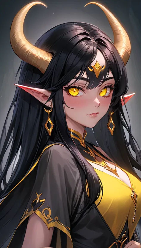 studio portrait of female demon, long black hair, rams horns, yellow eye, d&d, rpg, forgotten realms, artstation trending, high ...