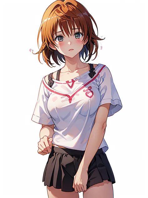 1girl, breasts, blush, short hair, shirt, 1boy, white background, shorts, solo focus, dark skin, holding hands, flying sweatdrop...