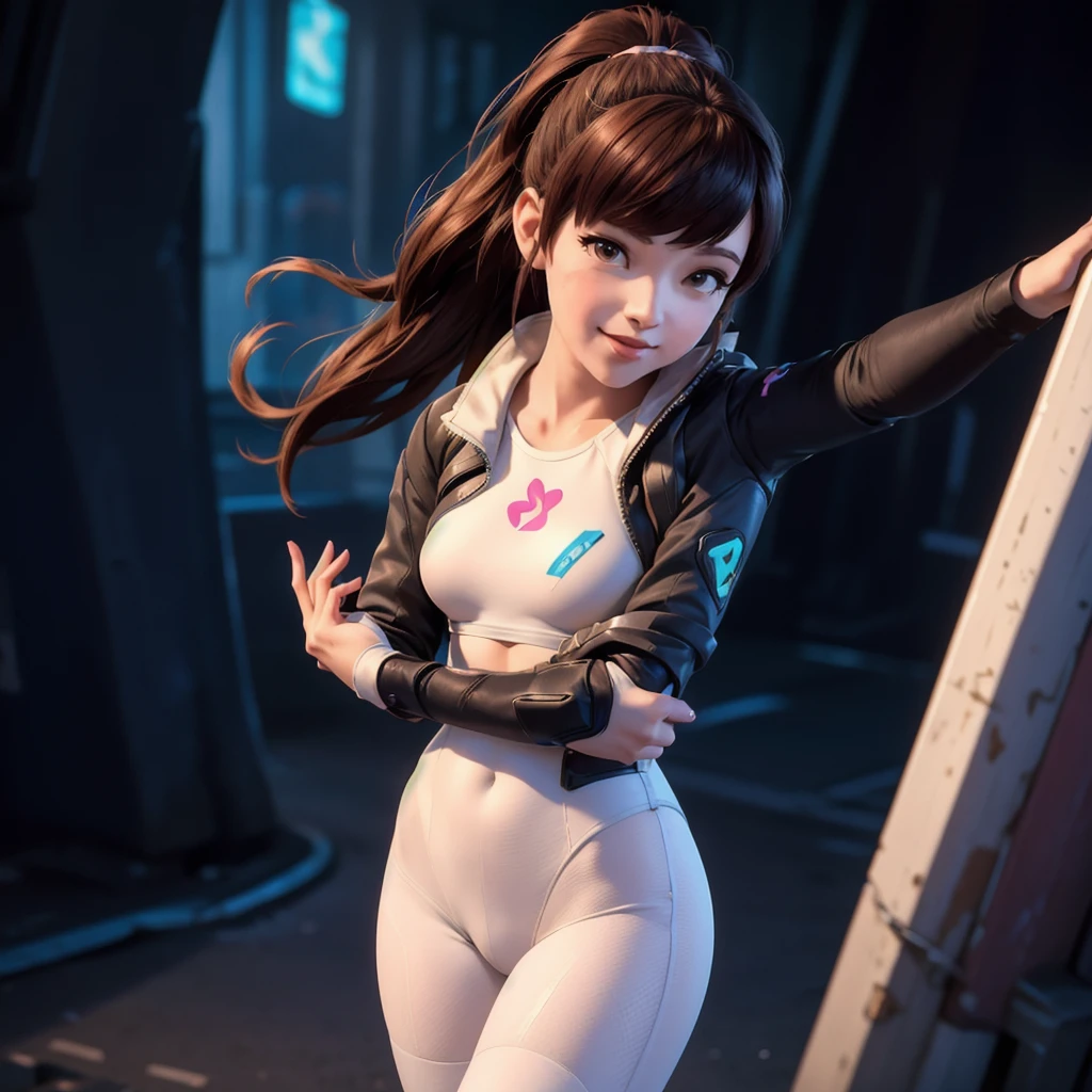 DVA d&#39;Overwatch sans son robot, une femme aux cheveux bruns courts en queue de cheval,elle se tient à Busan en Corée, des réflexions de haute qualité, éclairage volumétrique, elle porte sa silhouette classique fine et serrée, un body complet extensible rose, blanc et bleu., body de sport uni simple et doux, le body est comme une tenue de yoga, elle se tient dans la rue, (1 fille seule), Cinématique lighting, haute résolution, Rendu basé sur la physique, 8k, éclairage volumétrique, hyperréaliste, traits du visage détaillés, chef-d&#39;œuvre, haut du corps complet, ville en arrière-plan, Cinématique,elle a de très petits seins, seins plats  , l&#39;accent est mis sur tout son corps et l&#39;environnement, Cinématique screenshot, vous pouvez voir tout l&#39;environnement et sa position dans la rue, l&#39;image a un aspect très doux avec des textures douces, Sourire mignon, ses bras sont sur le côté, DVA pose et fait un signe de paix avec ses doigts, corps de femme, pas bien, 1 personne, 1 tête, Overwatch Cinématique graphic style