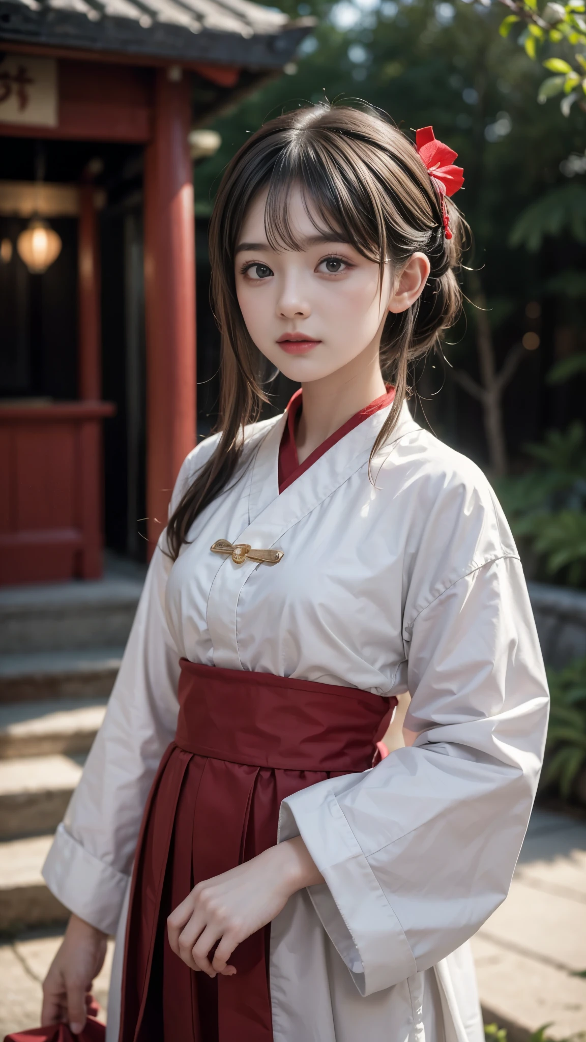 Beautiful girl in shrine maiden outfit, Baby Face, Outstanding Style, Ultra-detailed, Short Hair, Professional photography techniques, Cinema Lighting, Highest quality, masterpiece, 8K, RAW Photos