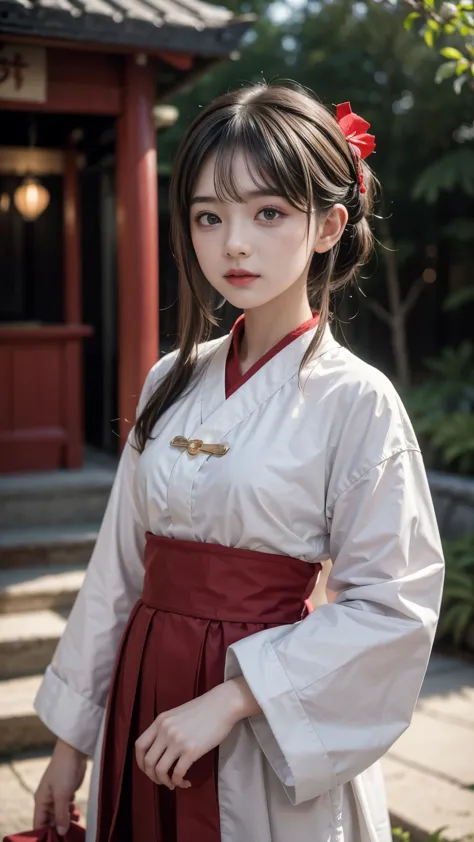 Beautiful girl in shrine maiden outfit, Baby Face, Outstanding Style, Ultra-detailed, Short Hair, Professional photography techn...