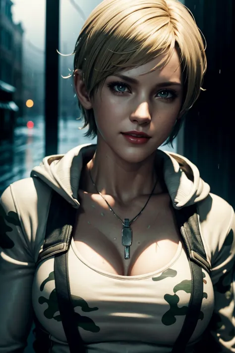 resident evil 6,shelley,short hair,blonde hair,white hoodie,camouflage neck warmer,photorealistic,ultra hd,high quality,masterpi...