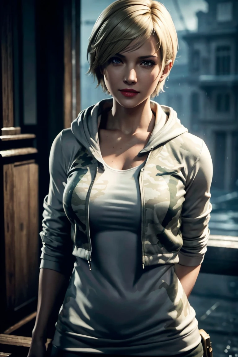 Resident Evil 6,Shelley,Short Hair,Blonde Hair,White hoodie,Camouflage neck warmer,Photorealistic,Ultra HD,high quality,masterpiece,Digital SLR,Detailed details,Intricate details,Anatomical basis,Depicted in detail,A detailed face,Realistic skin texture,Vivid details,Perfect Anatomy,Perfect Anatomy,Anatomically correct hand,Anatomically correct fingers,Super Detail,Complex 3D rendering,Sexy pose,Rainy Sky,Beautiful scenery,Fantastic rainy sky,Picturesque,Red Lip,smile,