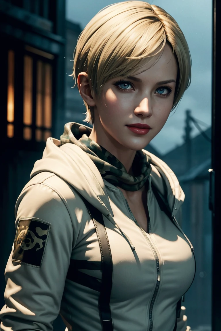 Resident Evil 6,Shelley,Short Hair,Blonde Hair,White hoodie,Camouflage neck warmer,Photorealistic,Ultra HD,high quality,masterpiece,Digital SLR,Detailed details,Intricate details,Anatomical basis,Depicted in detail,A detailed face,Realistic skin texture,Vivid details,Perfect Anatomy,Perfect Anatomy,Anatomically correct hand,Anatomically correct fingers,Super Detail,Complex 3D rendering,Sexy pose,Rainy Sky,Beautiful scenery,Fantastic rainy sky,Picturesque,Red Lip,smile,