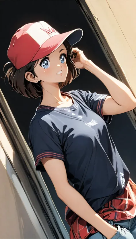 a girl with short hair wearing a baseball cap backwards、boyish、spiky hair、fluttering hair、fine、bright、stylish、casual clothing、ca...