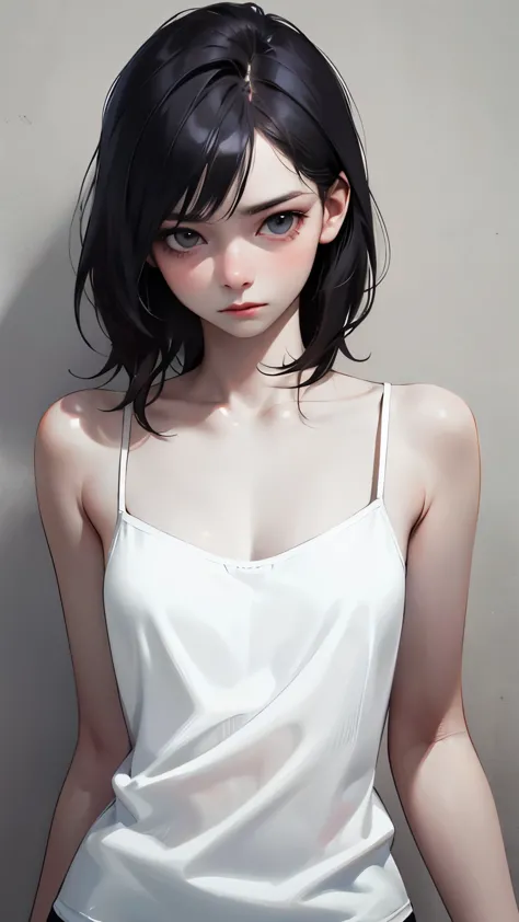 low leg、low rise、fearful expression、(((realistic images)))、translucent white skin、white camisole、((the girl&#39;s upper body is ...