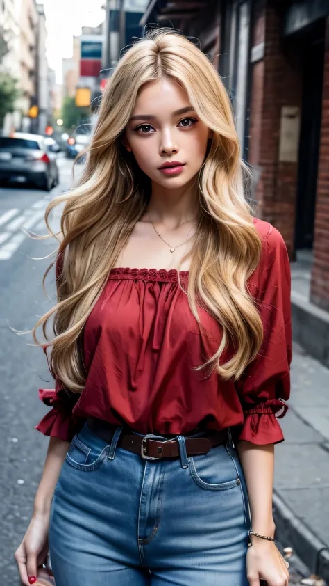 Woman with light brown skin, long wavy blonde hair, red blouse, low neckline, blue jeans, on a dirty street.