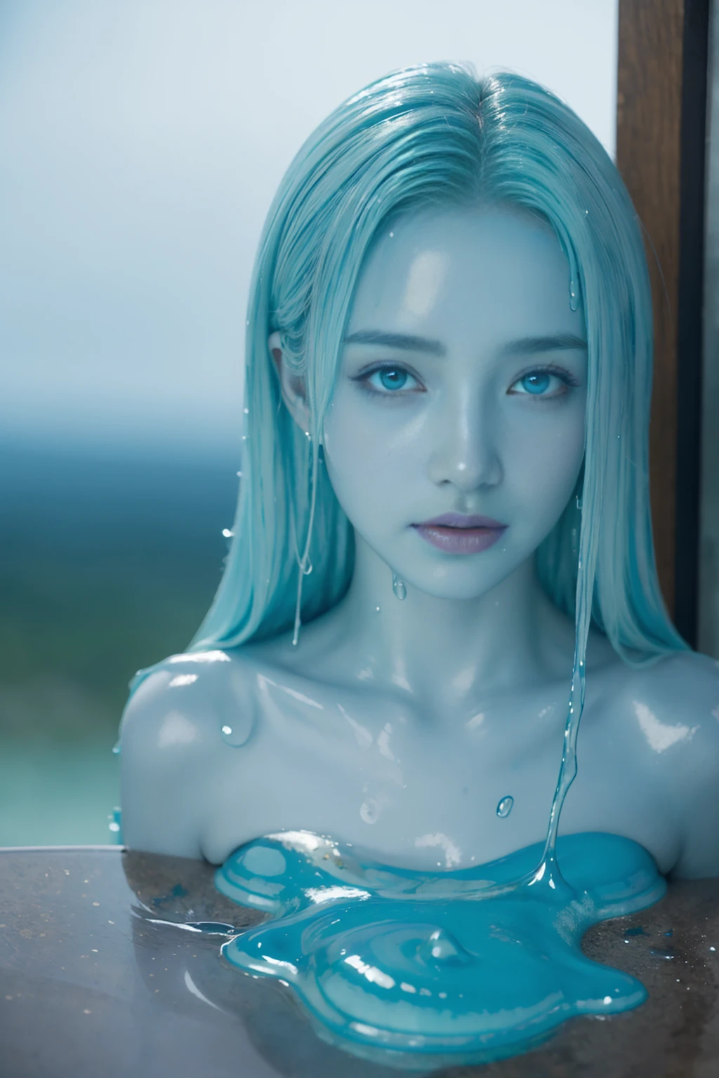 (High resolution,Tabletop:1.2),Super detailed,(Realistic:1.37),Portraiture,Slime Girl,Covered in blue slime, (Partially transparent), (Wet), (Blue Sweat), Blue liquid dripping from her body. Her hair is also Covered in blue slime. Blue slime scattered, Green Hair, blue eyes