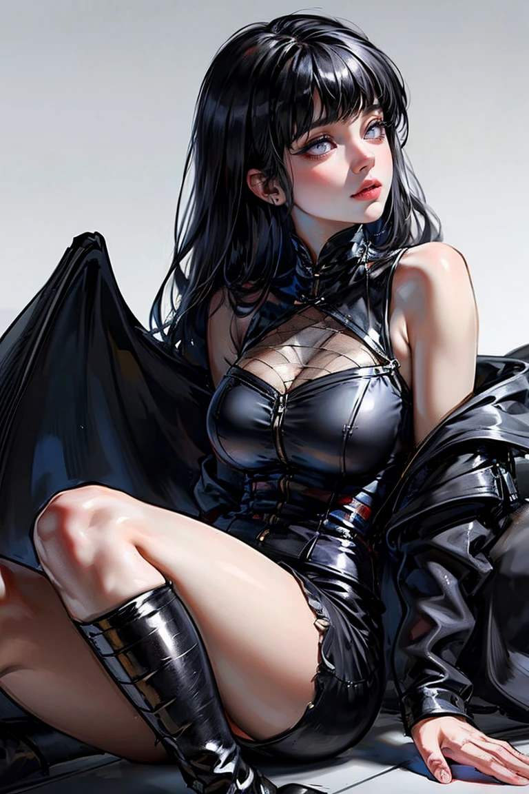 1girl, close up of face, adult, Hinata Hyuga, the last, shy girl, long black hair, blunt bangs, dark hair, Voluminous hair, lavender eyes, no pupils, Lavender Sleeveless Blouse, long black boots, navy blue shorts, Black translucent stockings, holster, bandage on thigh, open sandals, big breasts, wide hips, shapely legs, slim waist, masterpiece, best quality, Professional, realistic.