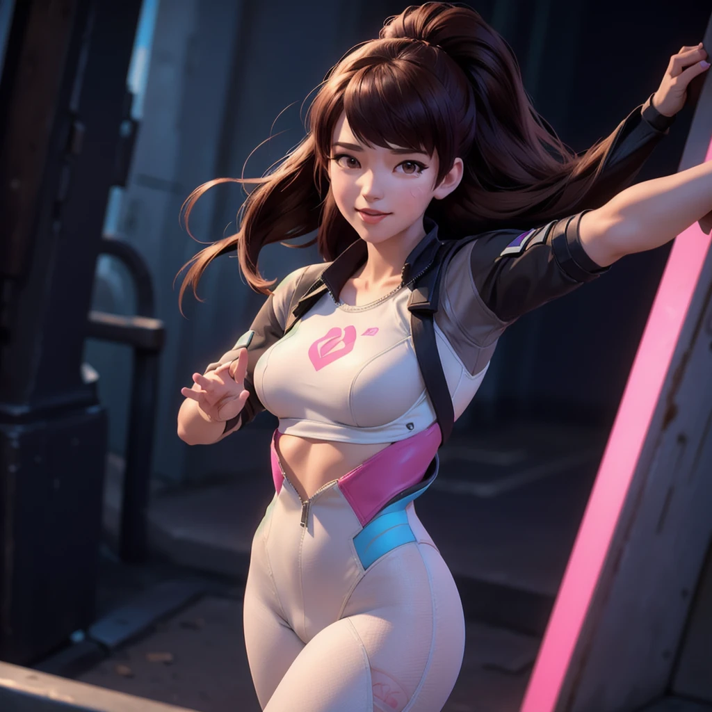 DVA из Overwatch без своего меха, женщина с короткими каштановыми волосами, собранными в хвост,она стоит в Пусане, Корея, качественные размышления, Объемное освещение, на ней классическая тонкая обтягивающая фигура, облегающая эластичное розово-бело-синее полное боди., Мягкое простое спортивное боди, боди похожи на одежду для йоги, Она стоит на улице, (1 девушка соло), кинематографический lighting, Высокое разрешение, физически обоснованный рендеринг, 8К, Объемное освещение, гиперреалистичный, подробные черты лица, шедевр, полная верхняя часть тела, город на заднем плане, кинематографический,у нее очень маленькая грудь, плоская грудь  , основное внимание уделяется всему ее телу и окружающей среде, кинематографический screenshot, вы можете видеть все окружение и ее стоящую на улице, картинка имеет очень мягкий вид на мягких текстурах, милая улыбка, ее руки по бокам, DVA позирует и рисует пальцами символ мира, женское тело, не хорошо, 1 человек, 1 голова, Overwatch кинематографический graphic style