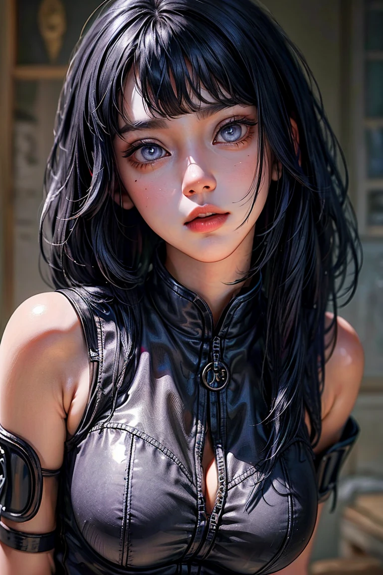 1girl, close up of face, adult, Hinata Hyuga, the last, shy girl, long black hair, blunt bangs, dark hair, Voluminous hair, lavender eyes, no pupils, Lavender Sleeveless Blouse, long black boots, navy blue shorts, Black translucent stockings, holster, bandage on thigh, open sandals, big breasts, wide hips, shapely legs, slim waist, masterpiece, best quality, Professional, realistic.