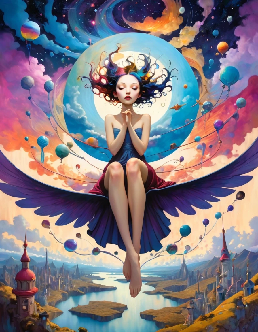 In a whimsical, colorful cartoon world, a kaleidoscope of flying objects swirls against surreal landscapes, inspired by the ethereal sounds of Midnight Tunes. Gentle mews and epic dreams converge as vibrant colors and exaggerated shapes come alive. A fantastical realm unfolds, reminiscent of Etam Cru's distinctive art style. Against a backdrop of swirling clouds and starry skies, photorealistic concept art by Rebeca Saray and Brad Kunkle captures the magic of this world in motion. (art inspired in Bill Sienkiewicz). oil painting) 