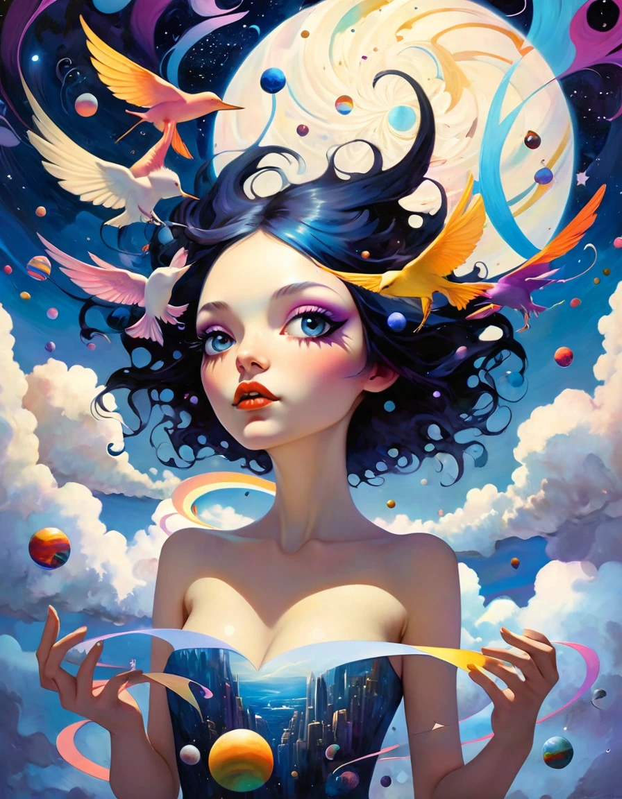 In a whimsical, colorful cartoon world, a kaleidoscope of flying objects swirls against surreal landscapes, inspired by the ethereal sounds of Midnight Tunes. Gentle mews and epic dreams converge as vibrant colors and exaggerated shapes come alive. A fantastical realm unfolds, reminiscent of Etam Cru's distinctive art style. Against a backdrop of swirling clouds and starry skies, photorealistic concept art by Rebeca Saray and Brad Kunkle captures the magic of this world in motion. (art inspired in Bill Sienkiewicz). oil painting) 