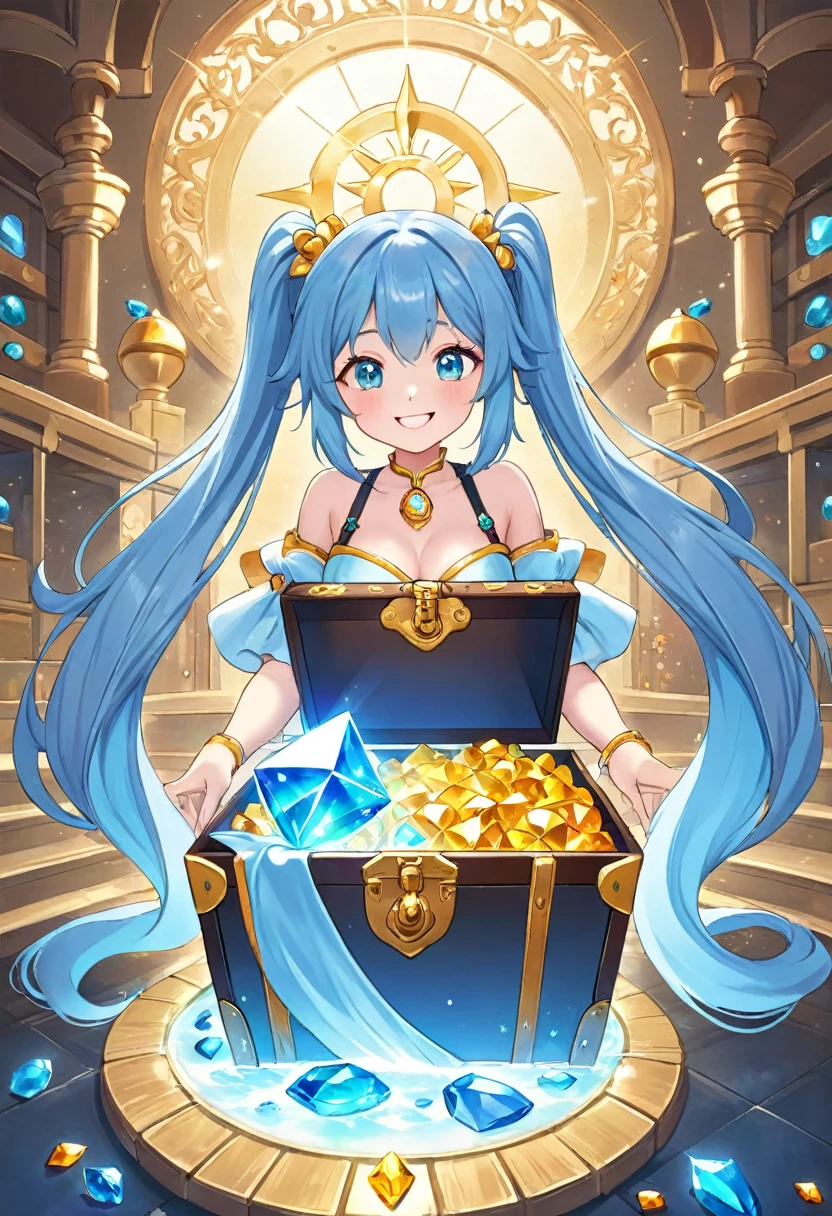 Light blue long hair、Twin-tailed Girl、Take the big key to open the big treasure chest、Bright smile、Gemstones are shining、