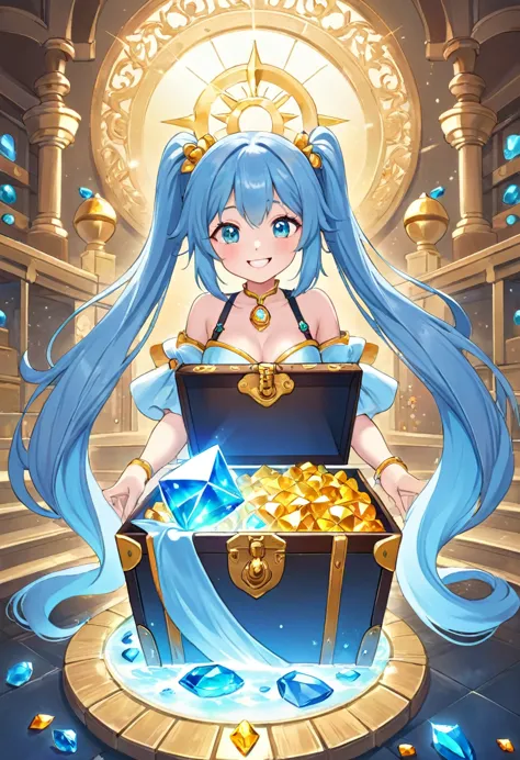 light blue long hair、twin-tailed girl、take the big key to open the big treasure chest、bright smile、gemstones are shining、