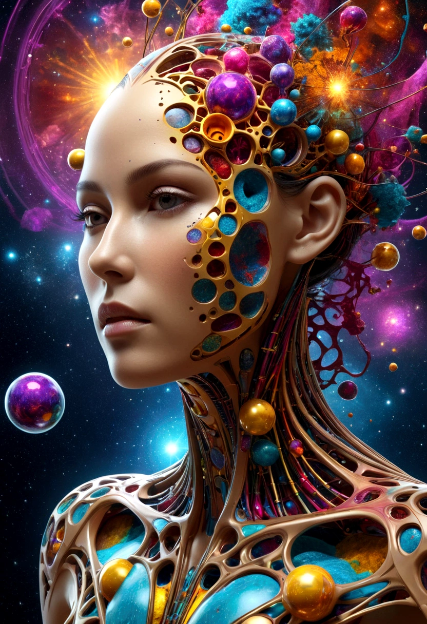 human anatomy, Different parts of the body are scattered., 3D cubic distribution of the body, Lumps and spheres burst from the face., surreal cgi masterpiece, bright colors, Light around the wheel rim, mechanical dispersion, decay of the biosphere, Highly detailed, floating parts, Detailed cosmic background, fractal art, seeing galaxy light, 16K, Star concept art, sharp line