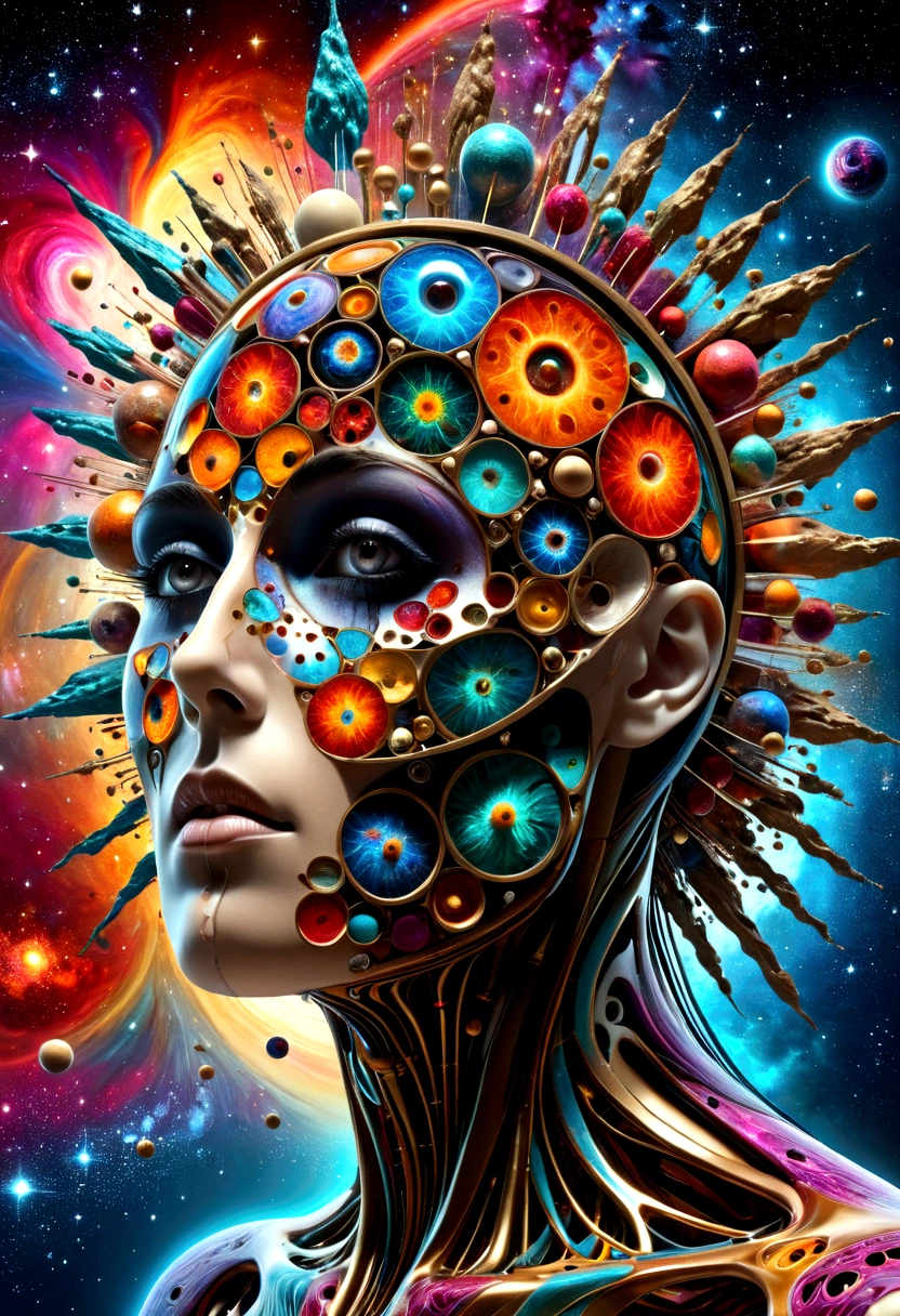 human anatomy, Different parts of the body are scattered., 3D cubic distribution of the body, Lumps and spheres burst from the face., surreal cgi masterpiece, bright colors, Light around the wheel rim, mechanical dispersion, decay of the biosphere, Highly detailed, floating parts, Detailed cosmic background, fractal art, seeing galaxy light, 16K, Star concept art, sharp line